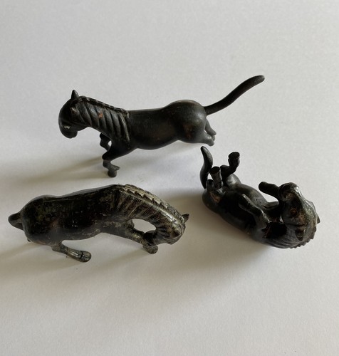 Set Of Three Antique Chinese Bronze Horse Miniature Statue Figure White Eyes