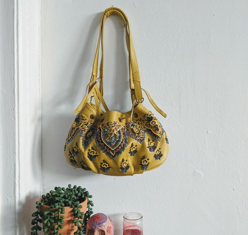 Bougainvillea Chartreuse Boho Beaded Satchel Bag