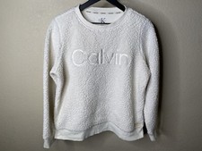 calvin klein fleece deep pile crewneck sweater womens size small white 