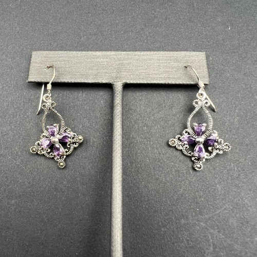 Vintage Amethyst Dangle Earrings Silver Tone Boho Drop
