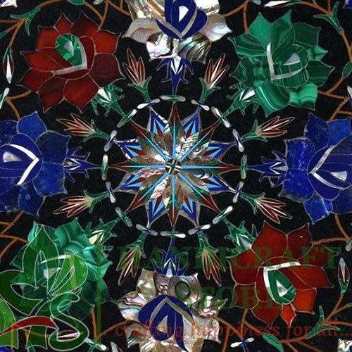 Black Marble Inlay table Top Inlaid With Semi-Precious Gems Stone For Side table - Picture 4 of 8