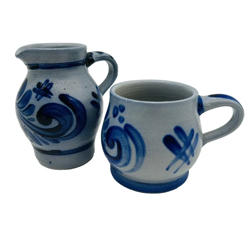 German Salt Glaze Pottery Creamer & Mug Set Cobalt Blue Handarbeit Vintage