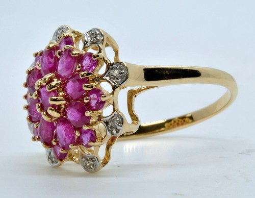 14k Yellow Gold Cluster Cocktail Dinner Ruby Gemstone Estate Ring With Diamonds - Picture 2 of 6