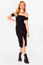 Nasty Gal Black Ribbed Off The Shoulder Snap Front Midi Dress Size 2
