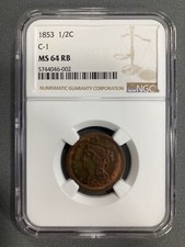 1853 Braided Hair Half Cent - NGC MS64 RB