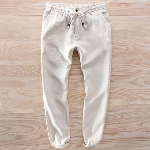 Pantalone da spiaggia uomo morbido puro lino coulisse traspirante casual comodo nono pantalone - Foto 2 di 12