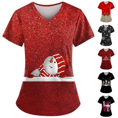 Women Nursing Uniform Scrub Short Sleeve Tops Summer T Shirt Xmas