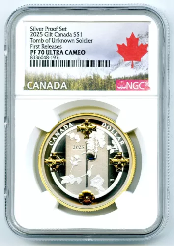 2025 $1 CANADA GILT SILVER DOLLAR PROOF NGC PF70 TOMB OF THE UNKNOWN SOLDIER FR