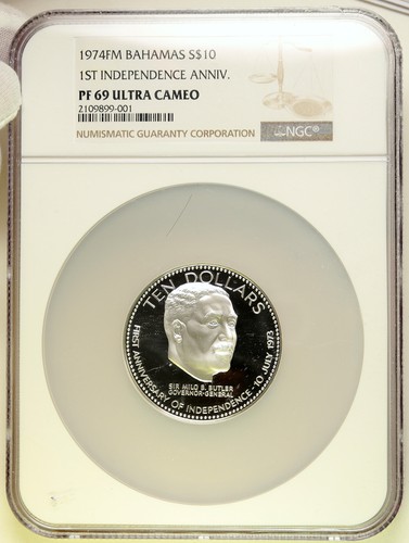 1974 BAHAMAS Large Independence Milo Butler OLD Proof Silver $10 NGC Coin i95021 - Picture 3 of 5