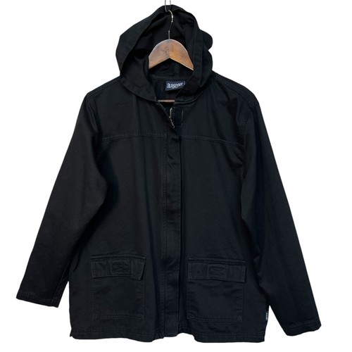Blassport Hooded Full Zip Utility Jacket Women Size PL Black Pocket 100% Cotton