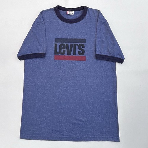 Vintage 90’s Levis Blue Ringer Graphic T-Shirt Spell Out Size Men’s Medium