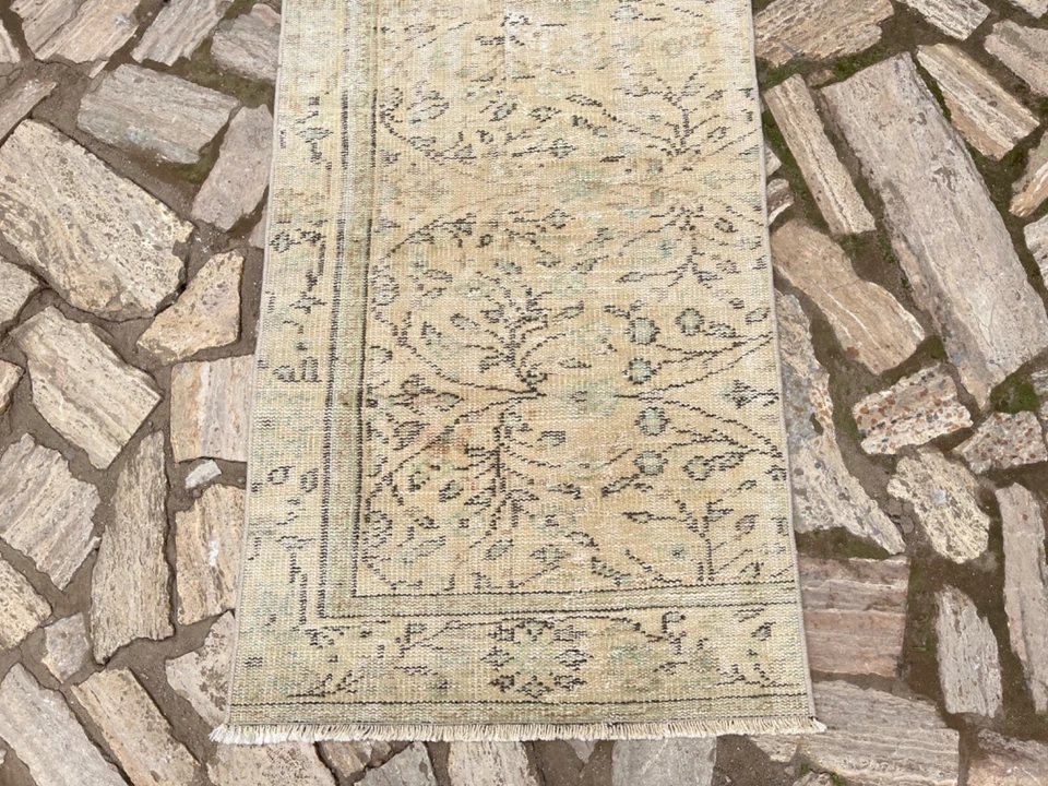 Tapete de corredor feito à mão Oushak 3x9 bege oriental tapete de lã corredor da Anatólia - Imagem 3 de 4