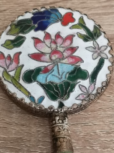 Vintage 1960's Cloisonne Enamel Hand Mirror, Jade Handle, Original Box - Picture 3 of 17