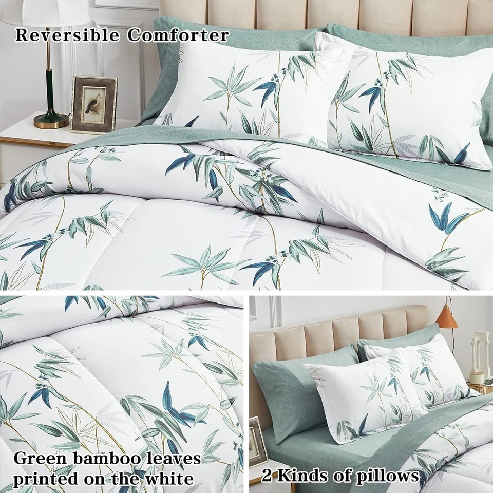 Conjunto de edredom queen 7 peças cama em um saco com lençóis, folhas verdes no branco - Imagem 3 de 4