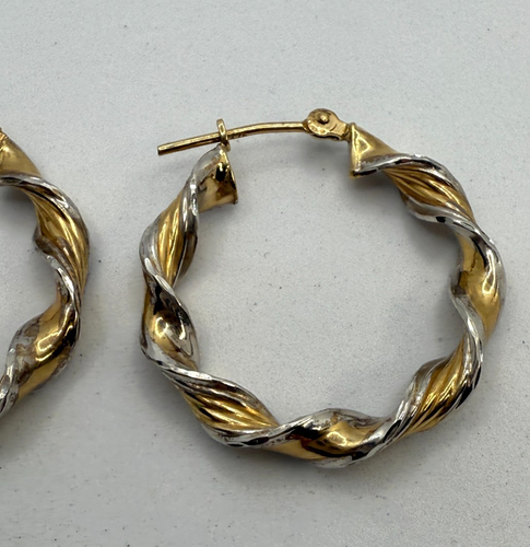 9k 9ct Gold Two Tone White & Yellow Gold Twist Hoop Earrings Stamped 375 - Picture 7 of 24