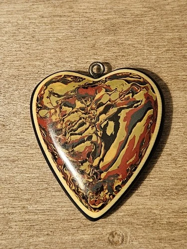 Vintage Marbled Celluloid Heart Pendant 2" Plastic Jewelry Bakelite Style