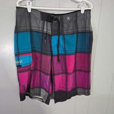 Hurley Phantom Board Shorts Mens 34 Pink Turquoise Plaid Swim Trunks