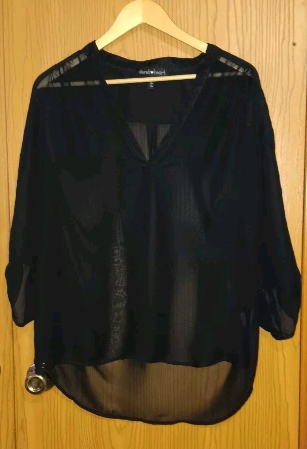Derek Heart Sheer Mesh Blouse Womens Size Large Black 3/4 Sleeve Business Casual