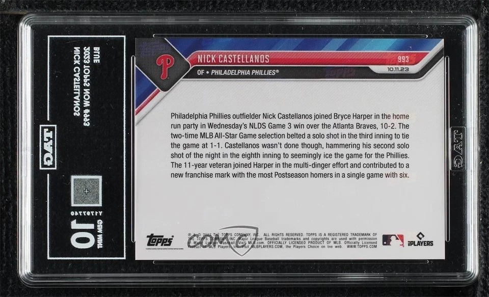 2023 Topps Now NLDS Blue /49 Nick Castellanos #993 TAG 10 GEM MINT - Image 2 of 2