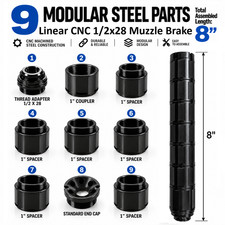 Linear CNC Threaded 1/2x28 Muzzle Brake, Compensator Steel, Black 8" Long