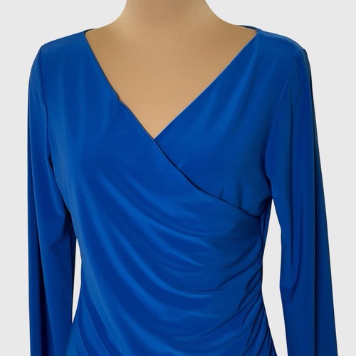 Chaus Top Size Large Ruched Side Long Sleeve Drape Front Blue Soft Stretch Vtg - Picture 2 of 10