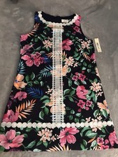Floral Dress Appliqué Trim Green Pink, Eliza J, size 16