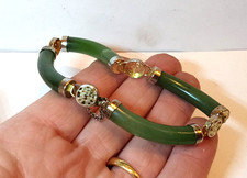 Vintage Oriental Chinese Characters Yellow Gold-Tone Green Jade / Glass Bracelet