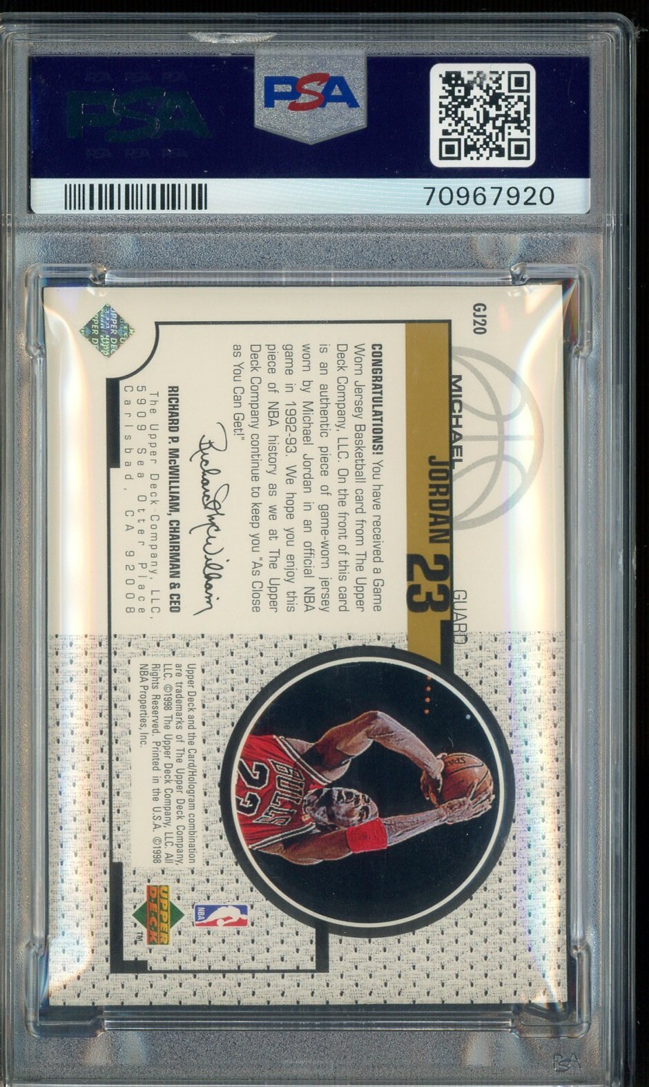 1998 UD Game Jersey #GJ20 Michael Jordan HOF Game-Worn Patch PSA 7 NM view 4