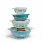 Vtg PYREX Amish Butterprint Cinderella Set Of 4 Mixing Bowls Turquoise Blue