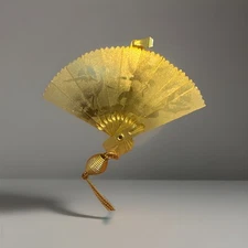 Vintage FOLDING FAN Pendant Chinese Crane Birds Sun Metal Scenery Wood Dragon