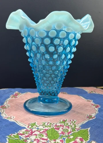 Vintage Blue Opalescent Hobnail Fenton Ruffled Rim Small Pedestal Vase