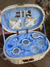 Delton Miniature China Tea Set in Wicker Picnic Basket Vintage 13 Piece Blue