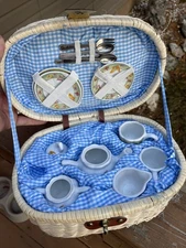 Delton Miniature China Tea Set in Wicker Picnic Basket Vintage 13 Piece Blue