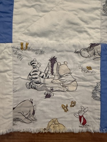 Classic Winnie The Pooh Baby Quilt Handmade Blue Blanket 36x43 - Picture 1 of 10