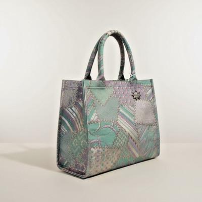 Elektras Workshop Made in Greece Seafoam Lavender Patchwork Silk Ikat Tote Bag M