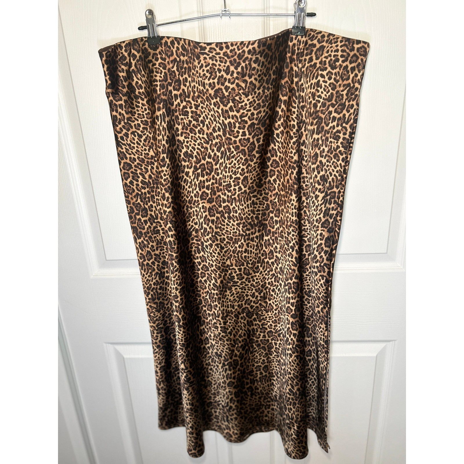 Gap Midi Skirt Leopard Print XXL Brown Satin Side Slit Elastic Waist Chic-image