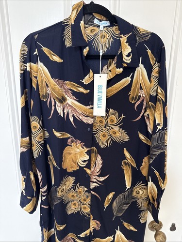 Blue Vanilla Floral Long Sleeve Shirt Dress Size 12 Peacock Feather Print BNWT - Picture 2 of 4