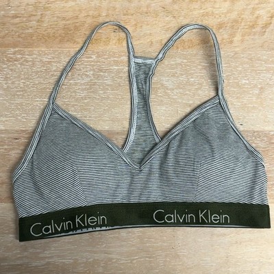 Calvin Klein Women s Triangle Bralette Small Green White Stripe Logo Bra