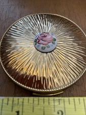 Vintage Evans Compact Mirror Puff Mesh Gold Plated Starburst w/ Pink Rose Top