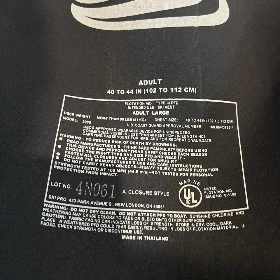 Jobe Life Vest Adult Large 40-44 in Black Neoprene Watersports USCG Approved - Image 3 of 4