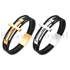 Stainless Steel Braided Religious Cross Genuine Leather Bracelet for Men 8.46"