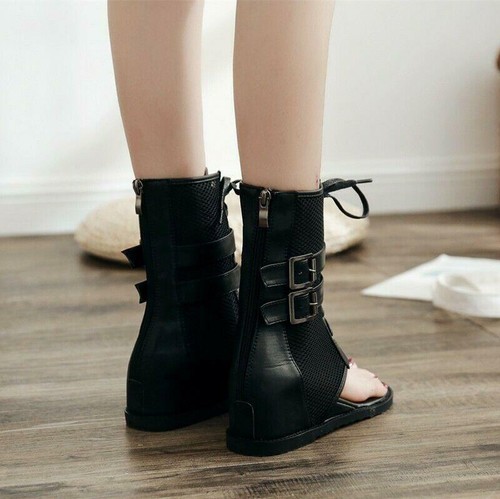 Damen Kunstleder Sandalen Hoch Stiefeletten Clip Toe Mesh Verdeckter Keilabsatz - Bild 8 von 22