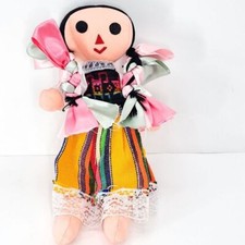 Mexican Folk Art Doll Handmade Cloth Rag Vintage Rainbow Dress Pink Ribbon VTG