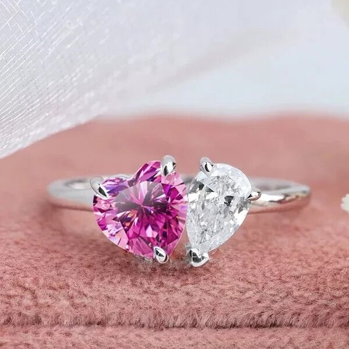 Certified 3 Ct Pink Heart & 3 Ct White Pear Cut Lab Created Diamond Ring!