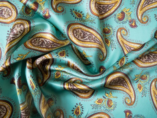 Paisley 100% seta turchese/oro larghezza 113 cm al metro - Foto 3 di 3