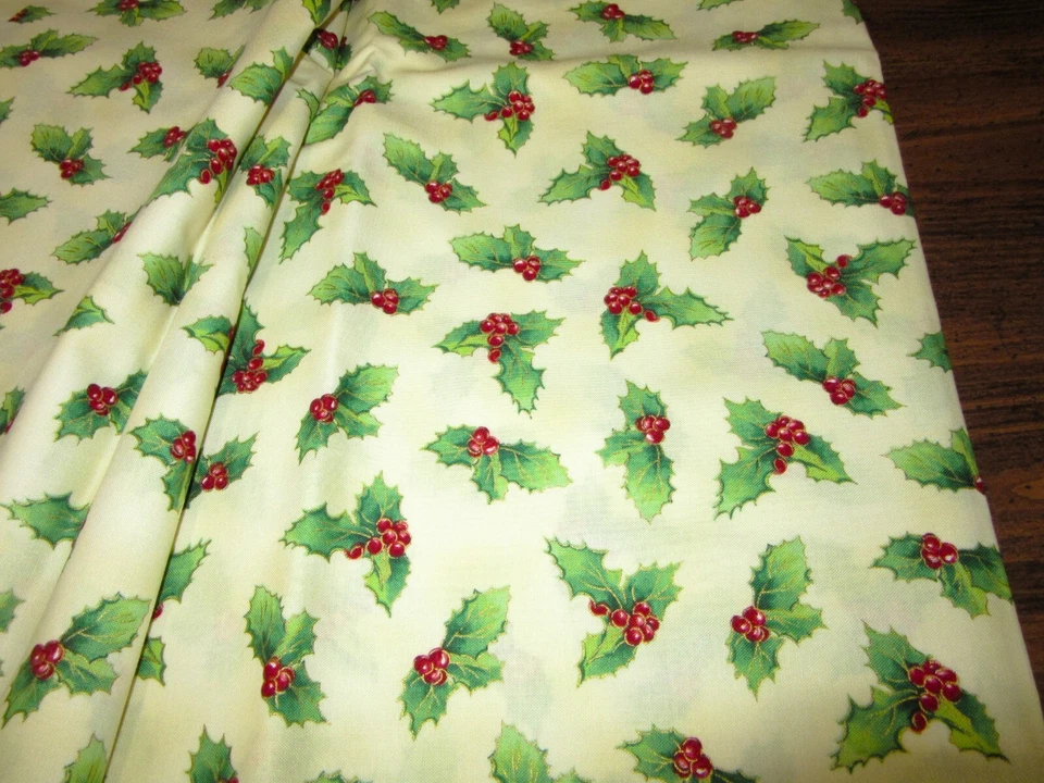 Tela de coser vintage de Navidad bayas de acebo marfil telón de fondo 3 y 1/3 yardas x 35" Foto 3 de 4