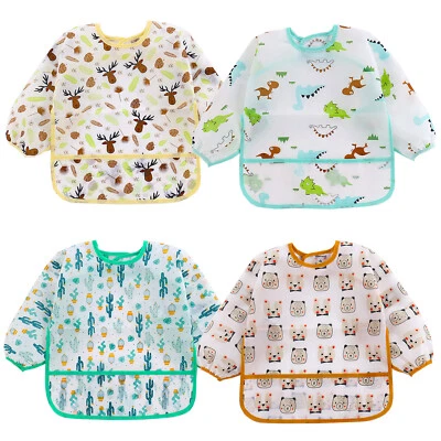 HAIMOBURG 4 Pcs Long Sleeved Baby Toddler Bibs Waterproof Sleeved Bib Smock 6-36 Months
