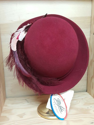 Bollman Hat Co Excello Church Dress Derby Dior Red Wool w Feather Accents - Picture 4 of 12