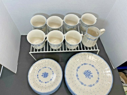 Vintage Renaissance Stoneware Arcadia Blue Dinner & Salad Plates, Mugs, Creamer - Picture 2 of 8
