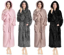 Womens Ladies Fluffy Hooded Robe Soft Fleece Luxe Plush Warm Sherpa Spa Bathrobe